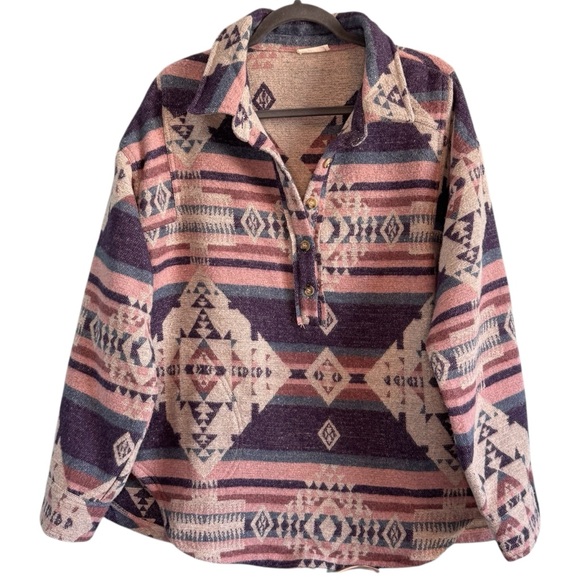 Kori Cabin-core Southwestern Button Down Shirt With Pink, Purple,and Cream Cozy - Picture 2 of 7